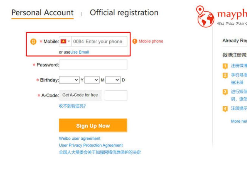 Đăng ký weibo bằng số điện thoại