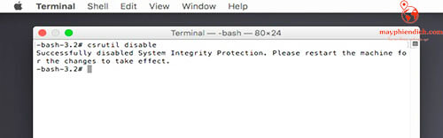Gõ lệnh csrutil disable để tắt SIP