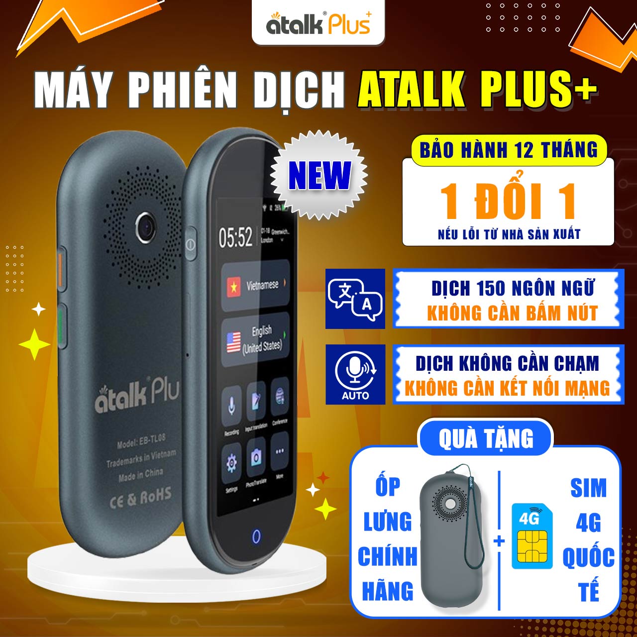 Máy Phiên Dịch ATalk Plus+ - Dịch Tự Động 150 Ngôn Ngữ - Không Cần Bấm Nút - Không Cần Chạm