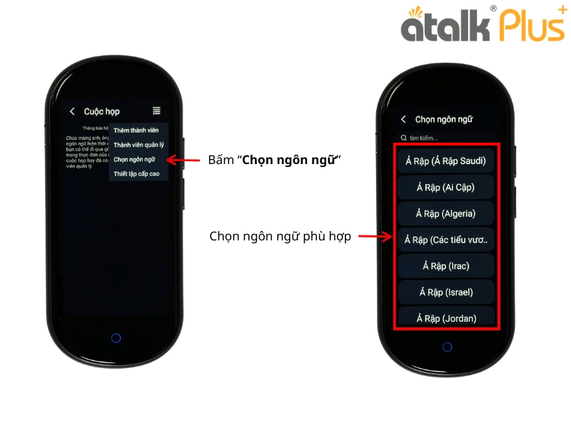 Thao Tác Chọn Ngôn Ngữ Khi Dịch Nhóm Trên Thiết Bị Phiên Dịch 150 Ngôn Ngữ ATalk Plus+