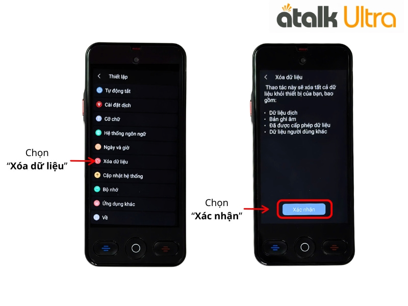 Thao Tác Xóa Dữ Liệu Trên Máy Dịch Cuộc Gọi ATalk Ultra