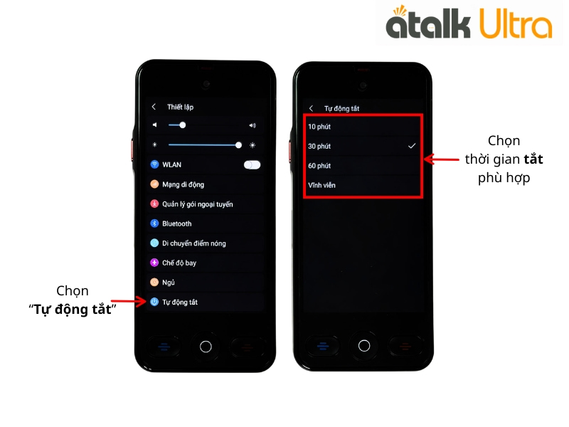 Thiết Lập Tự Động Tắt Trên Máy Dịch Đa Ngôn Ngữ ATalk Ultra