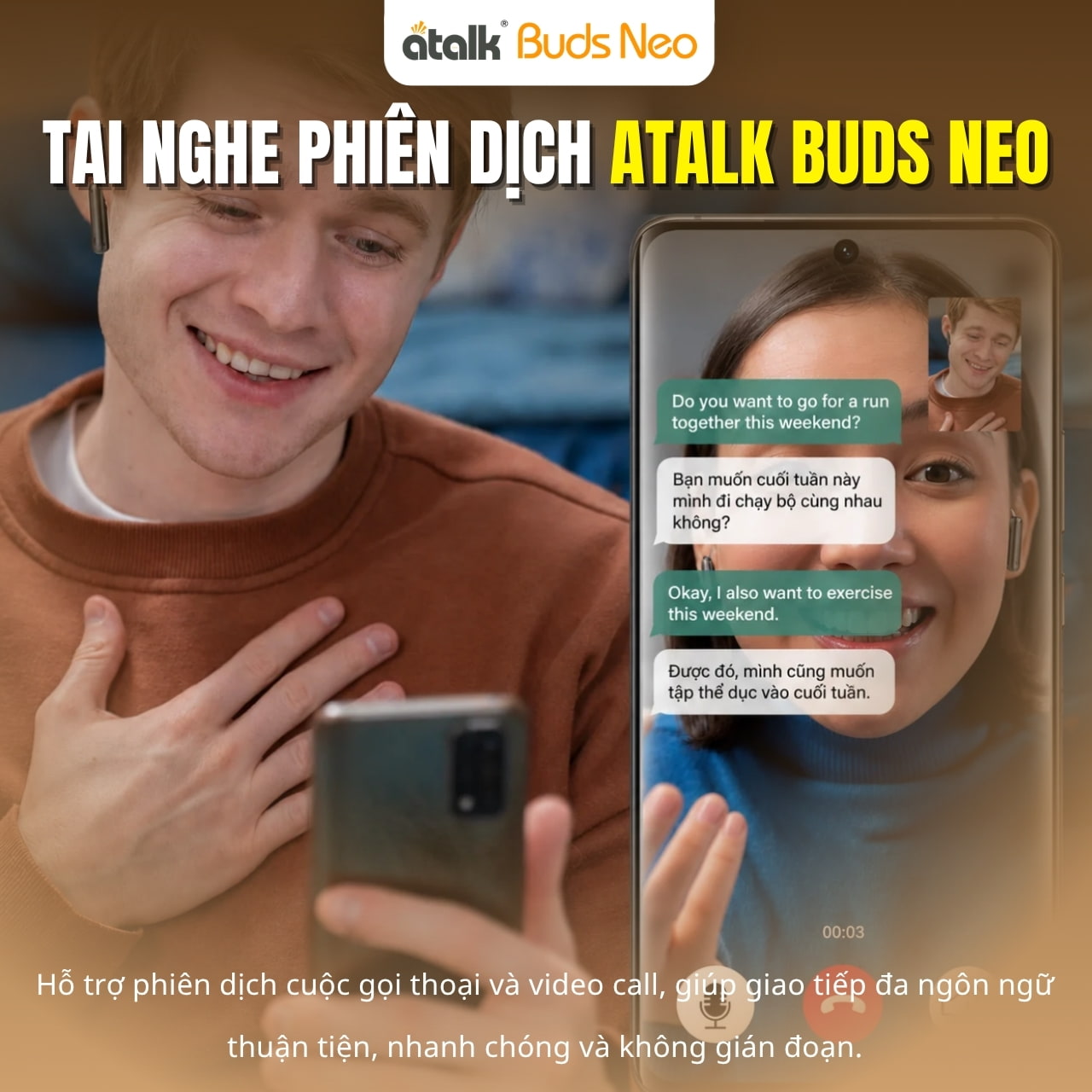 Máy Phiên Dịch Đeo Tai ATalk Buds Neo Hỗ Trợ Dịch Cuộc Gọi Trực Tiếp