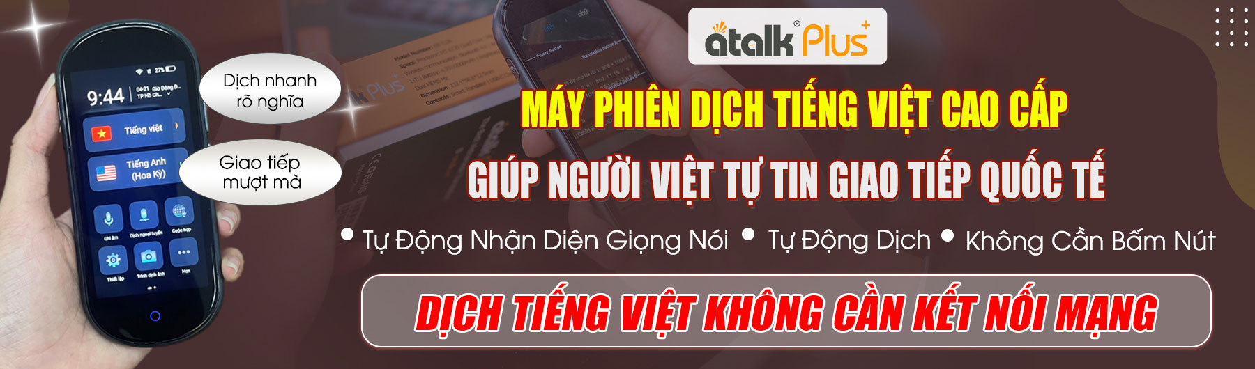 Máy Dịch Ngôn Ngữ Cao Cấp ATalk Plus+ - Dịch Tự Động Không Cần Bấm Nút - Không Cần Chạm