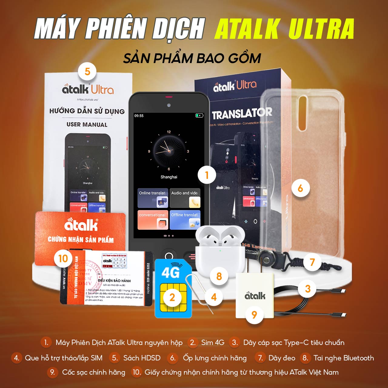 Bộ Sản Phẩm Đầy Đủ Khi Sở Hữu Máy Dịch Cuộc Gọi ATalk Ultra